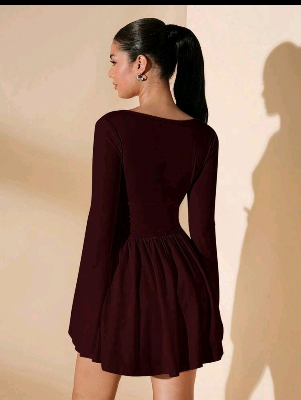 Deep Brown V-Neck Long Sleeve A-Line Dress